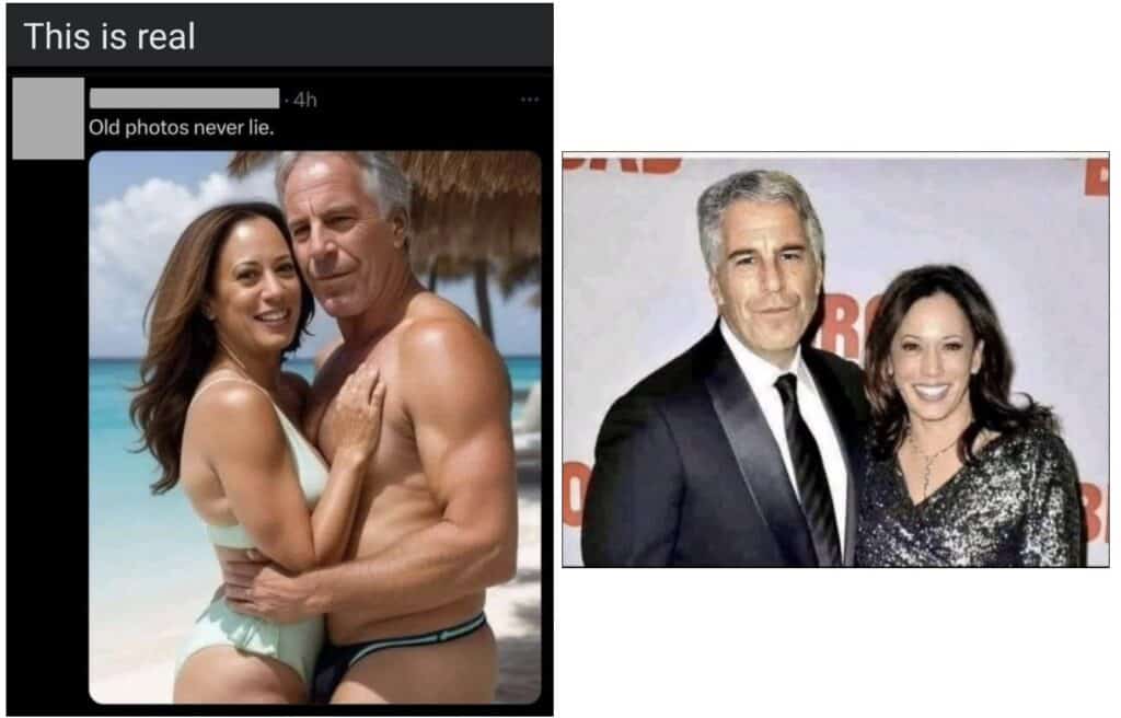 Screenshots of social media posts showing Harris posing for a photo with the notorious sex offender Jeffrey Epstein. Both images are either AI-generated (left) or altered (right). (Taiwan FactCheck Center)