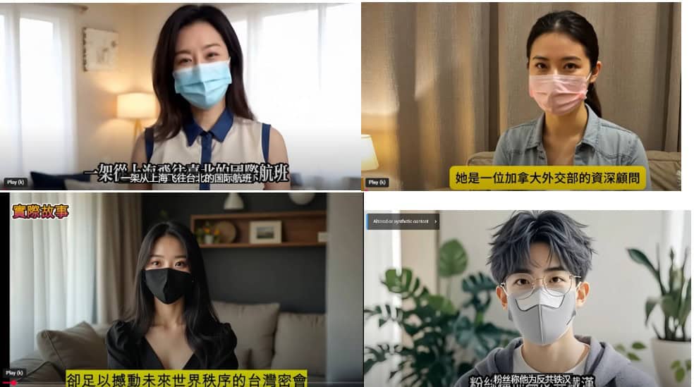 Screenshots of AI-generated avatars in videos promoting Taiwan with false claims.