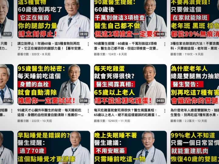 Screenshots of AI-generated videos on YouTube channels providing health tips for seniors. Some of the videos have been found to contain inaccurate information.